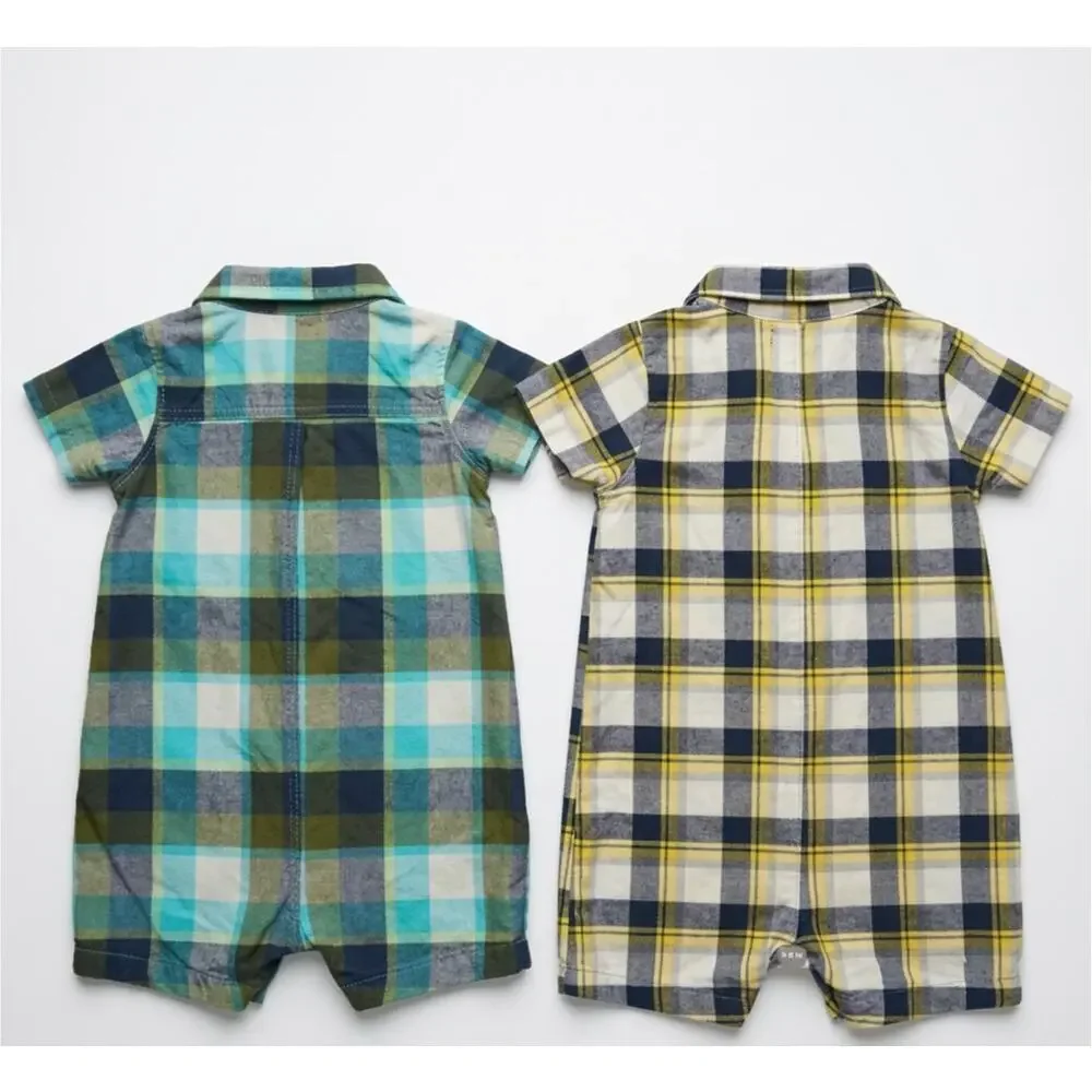 Carter’s Plaid Baby Boys 100% Cotton Romper Bundle 18M | Blue & Yellow